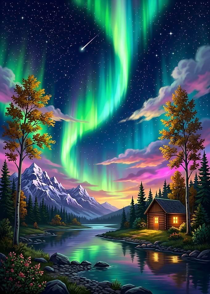 Aurora Borealis Over Mountain Cabin Polar Lights Nature