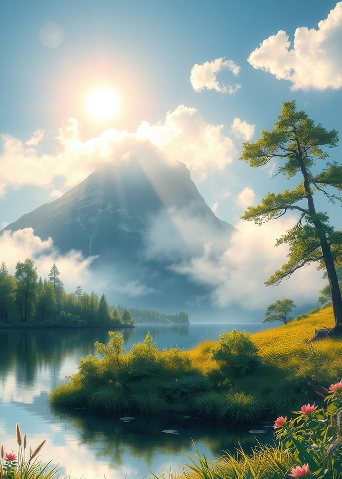 Sunlit Mountain Lake Landscape