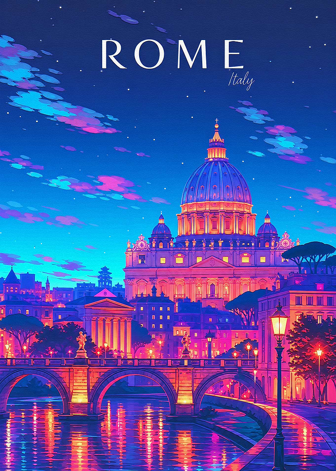 Vibrant Nighttime View of Rome