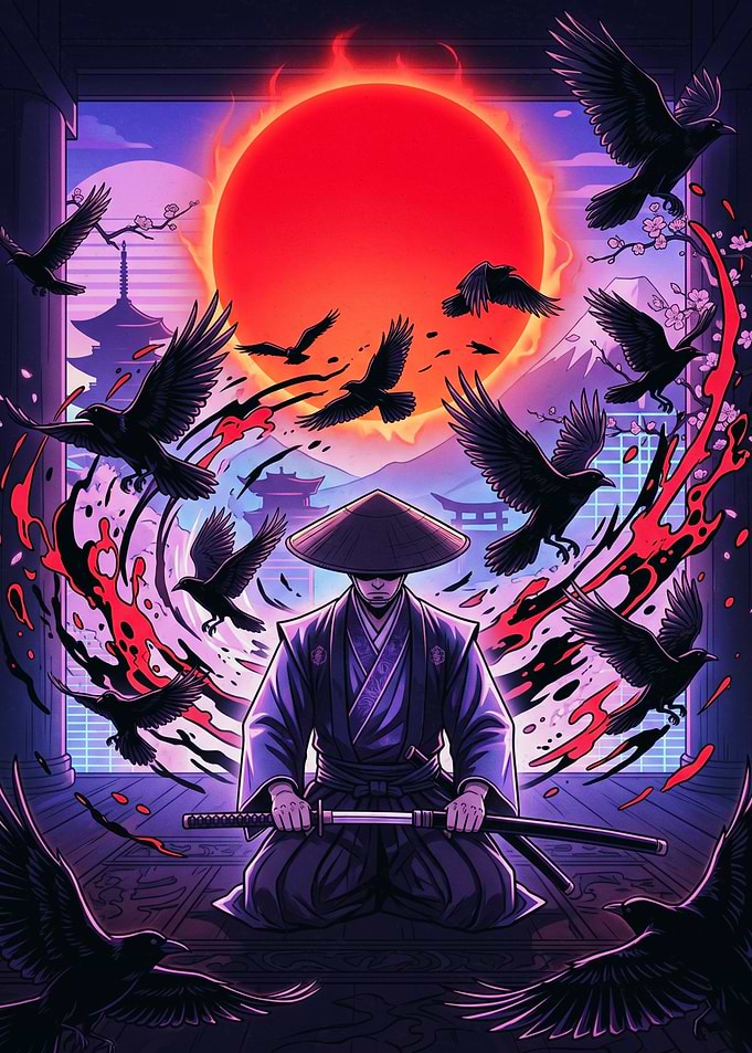 Samurai Warrior with Crows and Sun