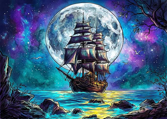 Sailing Ship Under Giant Moon