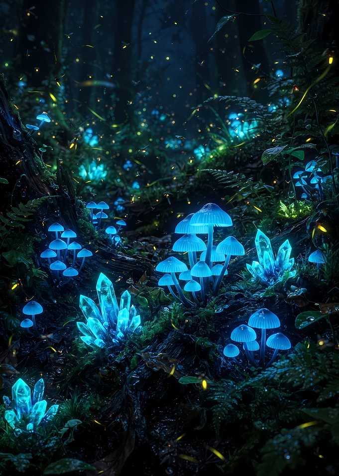 Bioluminescent Forest with Glowing Crystals