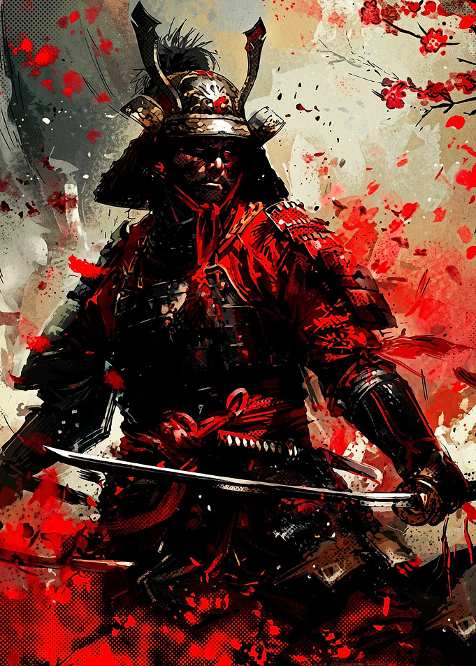 Samurai Warrior with Red Petals
