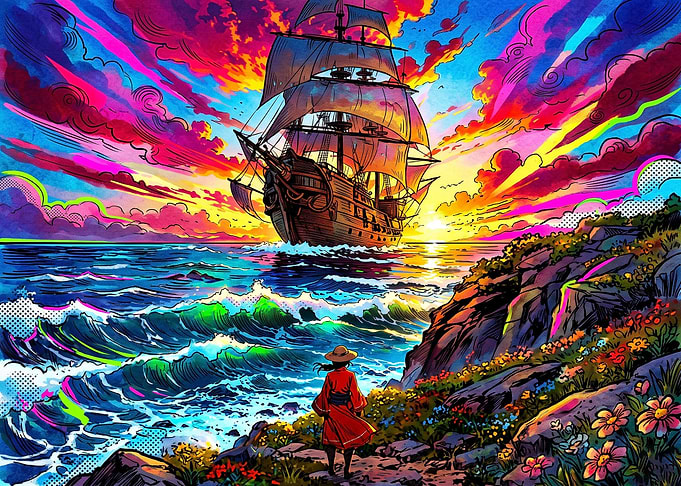 Psychedelic Pirate Ship at Sunset