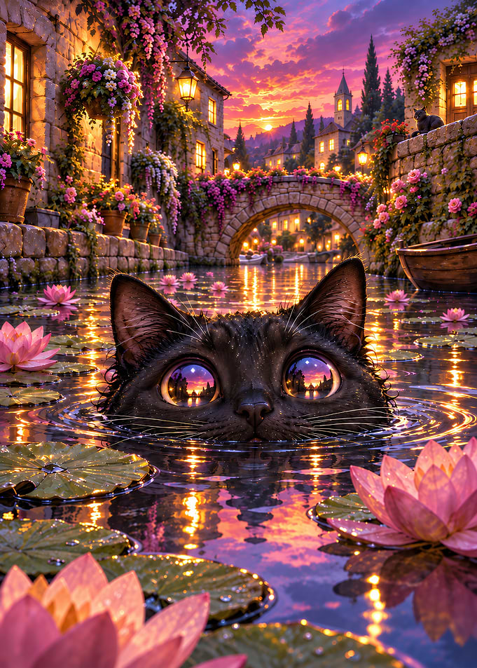 Black Cat Swimming in Lotus Pond