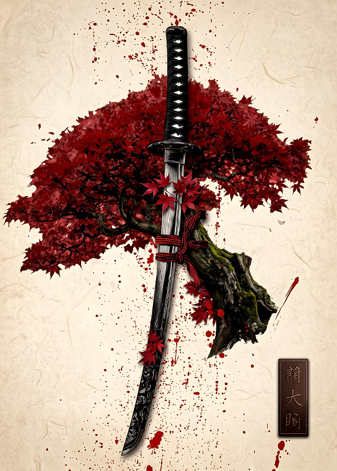 Katana Sword with Red Maple Tree