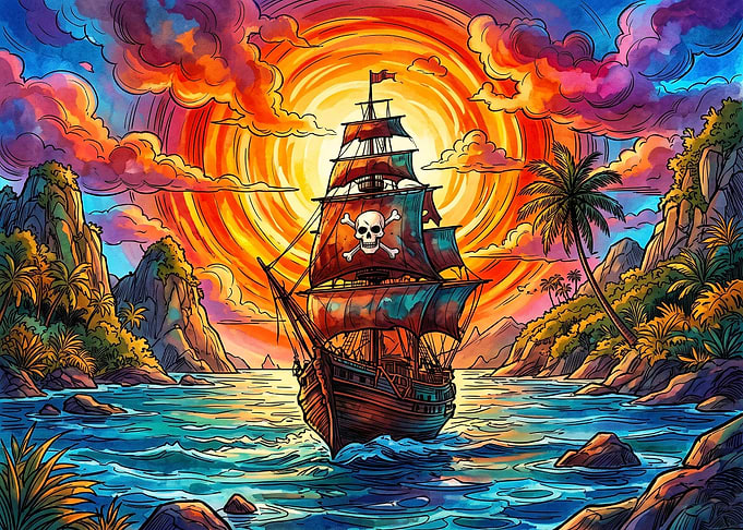 Vibrant Pirate Ship at Sunset