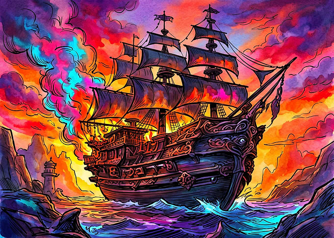 Burning Pirate Ship at Sunset