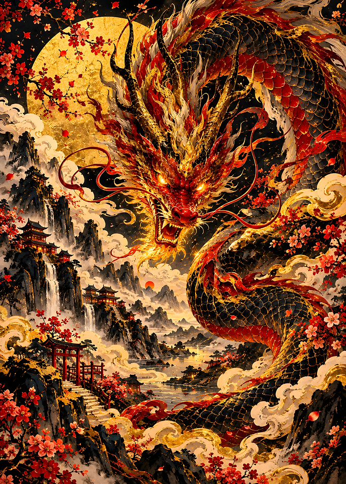 Majestic Golden Dragon in Asian Landscape