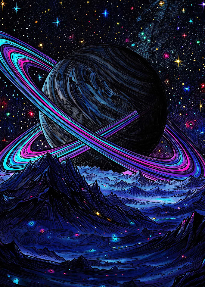 Neon Ringed Planet Over Alien Landscape