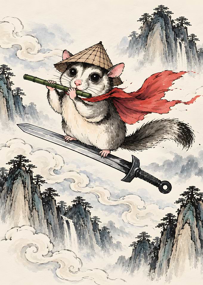 Sugar Glider Samurai Flying on Sword