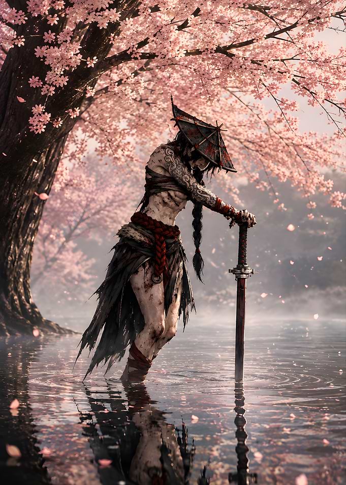 Wounded Samurai Under Cherry Blossoms