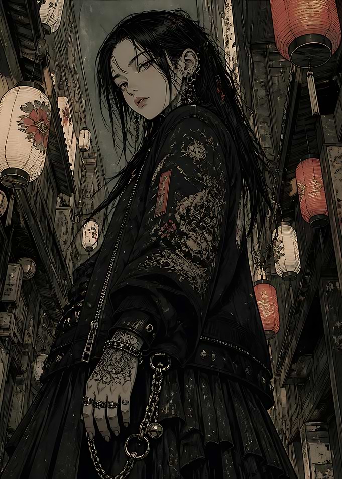Gothic Anime Girl in Lantern Alley