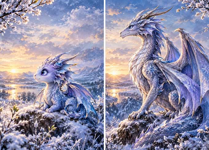 Baby and Adult Winter Ice Dragons