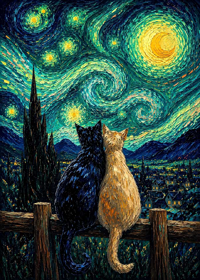 Cats Watching Starry Night Sky