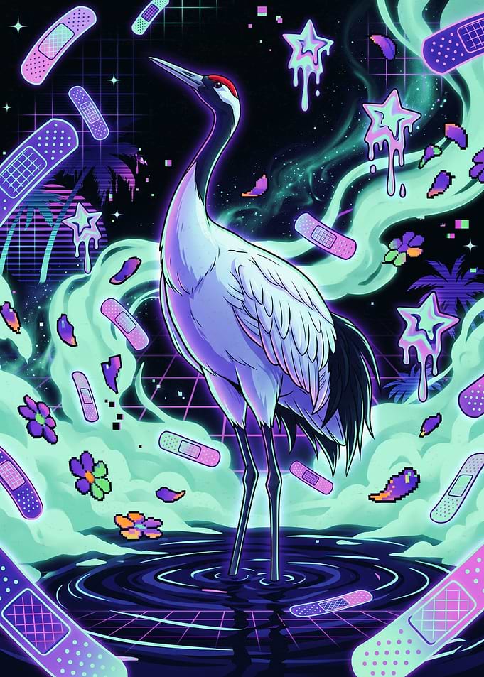 Neon Vaporwave Red-Crowned Crane