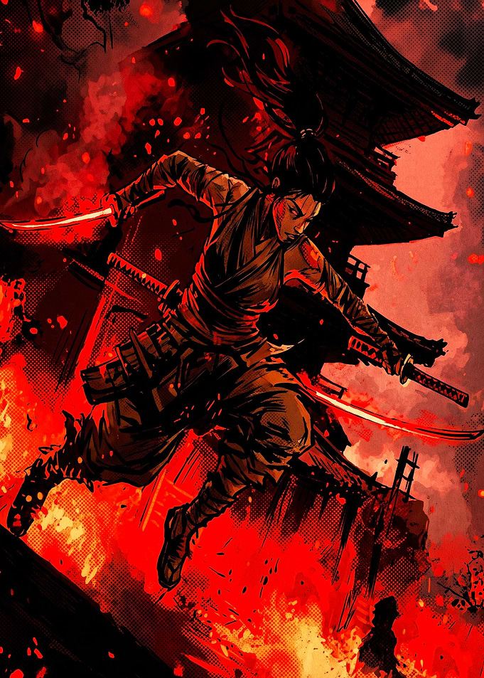 Female Samurai Warrior in Burning Temple