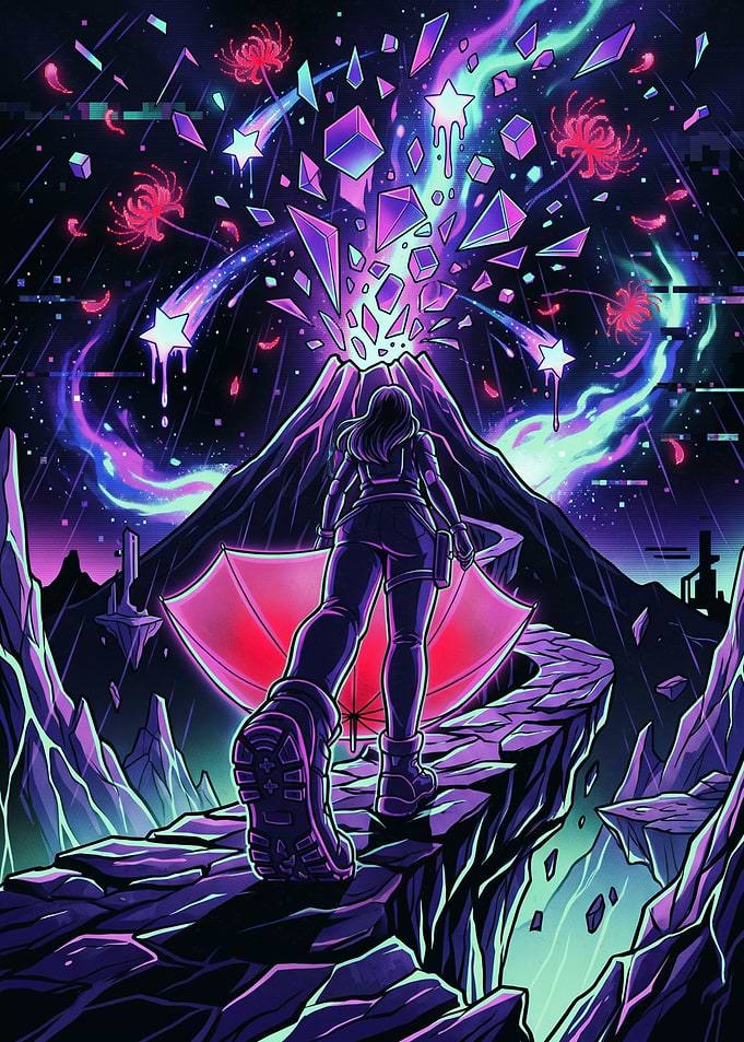 Cyberpunk Traveler Approaching Cosmic Volcano