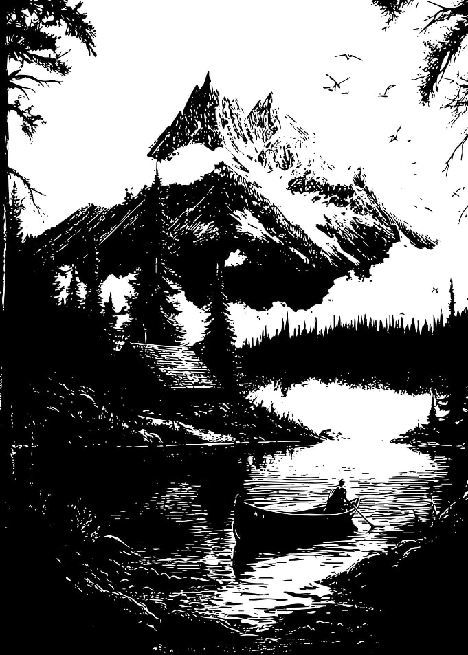 Black and White Mountain Lake Scene