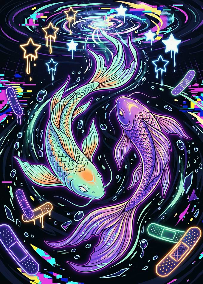 Neon Glitch Koi Fish Duo