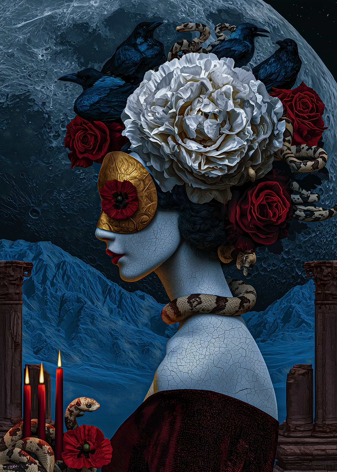 Surreal Goddess with Moon and Snakes