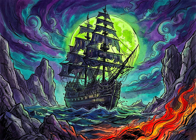 Ghost Ship Sailing Under Green Moon