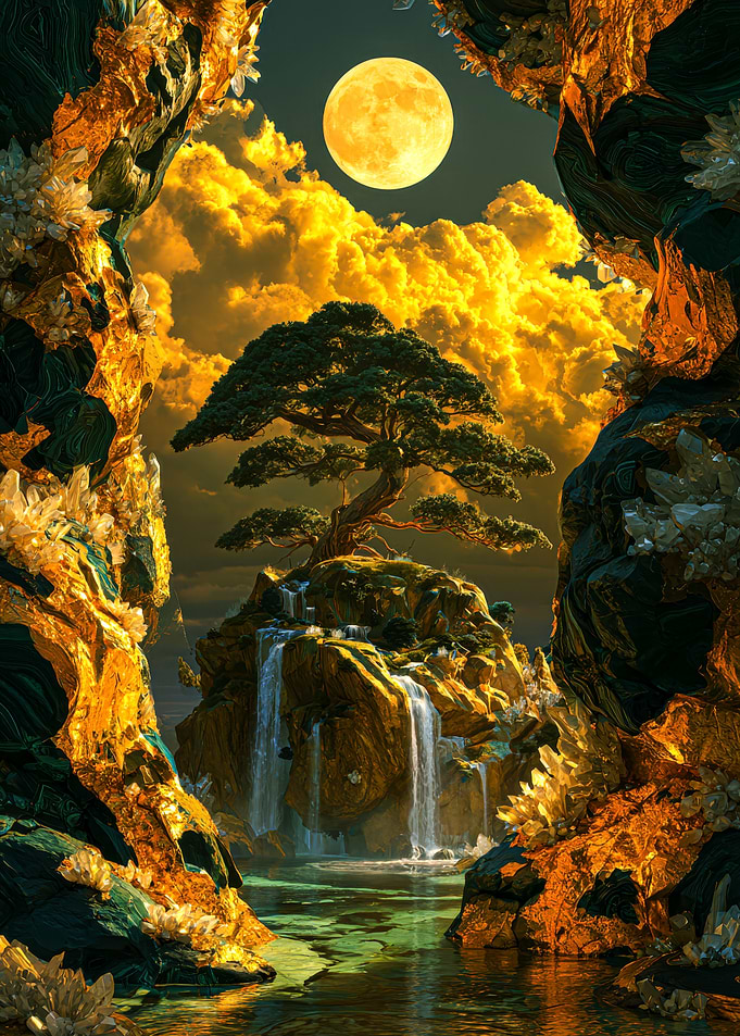 Golden Moonlit Bonsai Waterfall Landscape