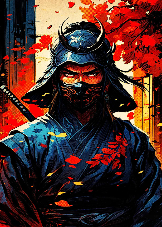 Samurai Warrior in Autumn Leaves