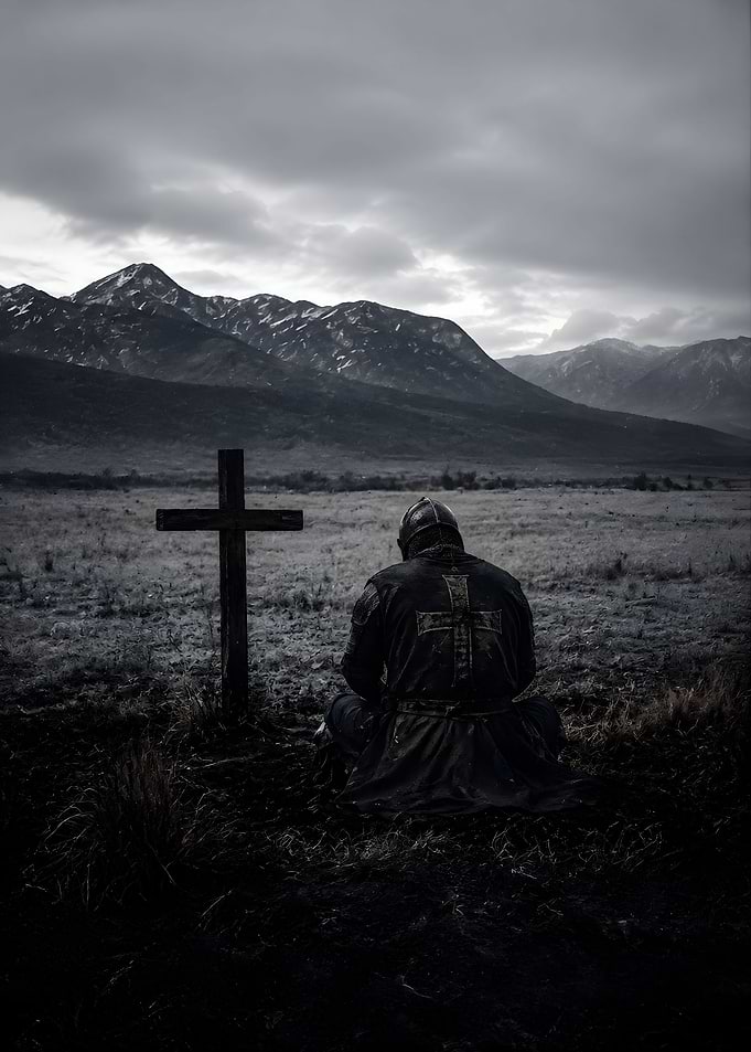Knight Praying Before a Wooden Cross