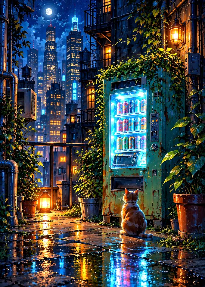 Cat Watching Glowing Vending Machine