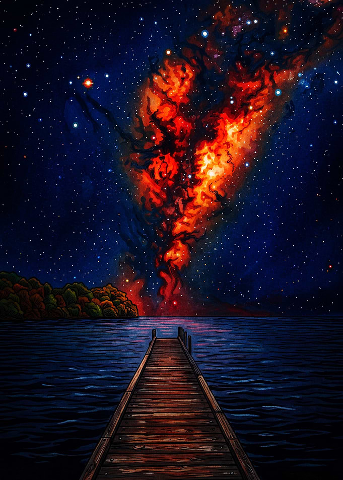 Fiery Nebula Over Wooden Pier