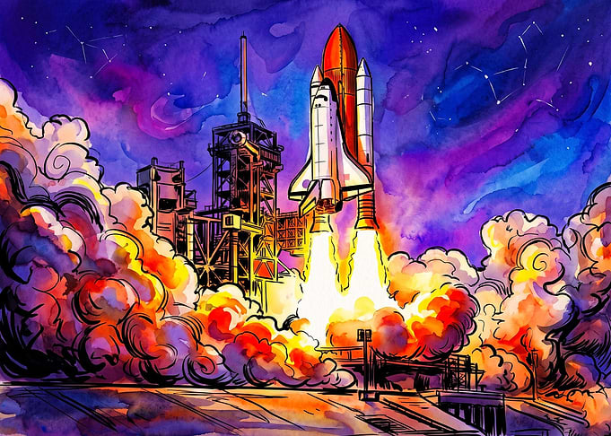 Watercolor Space Shuttle Launch Illustration