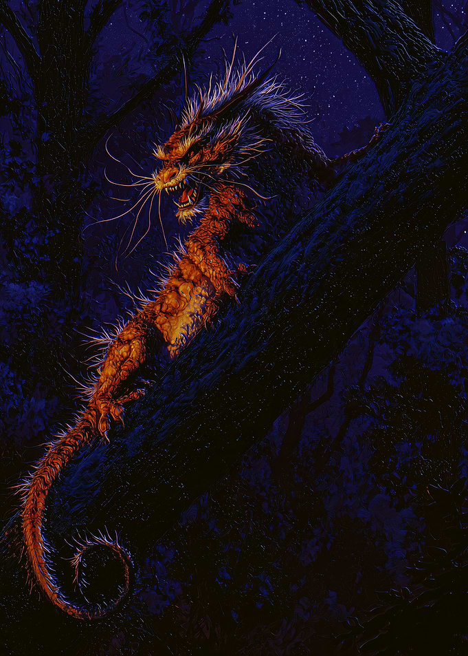 Fierce Orange Dragon in Night Forest