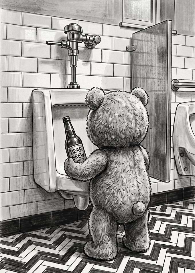 Teddy Bear with Beer in Bathroom Toilet
