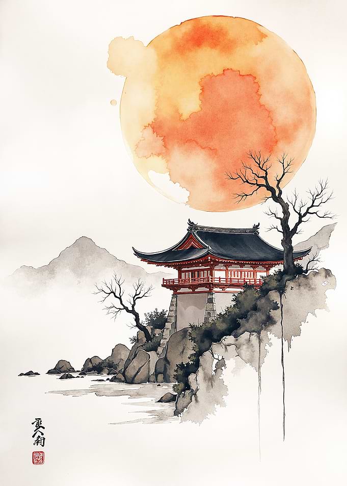 Watercolor Japanese Temple Under Orange Sun