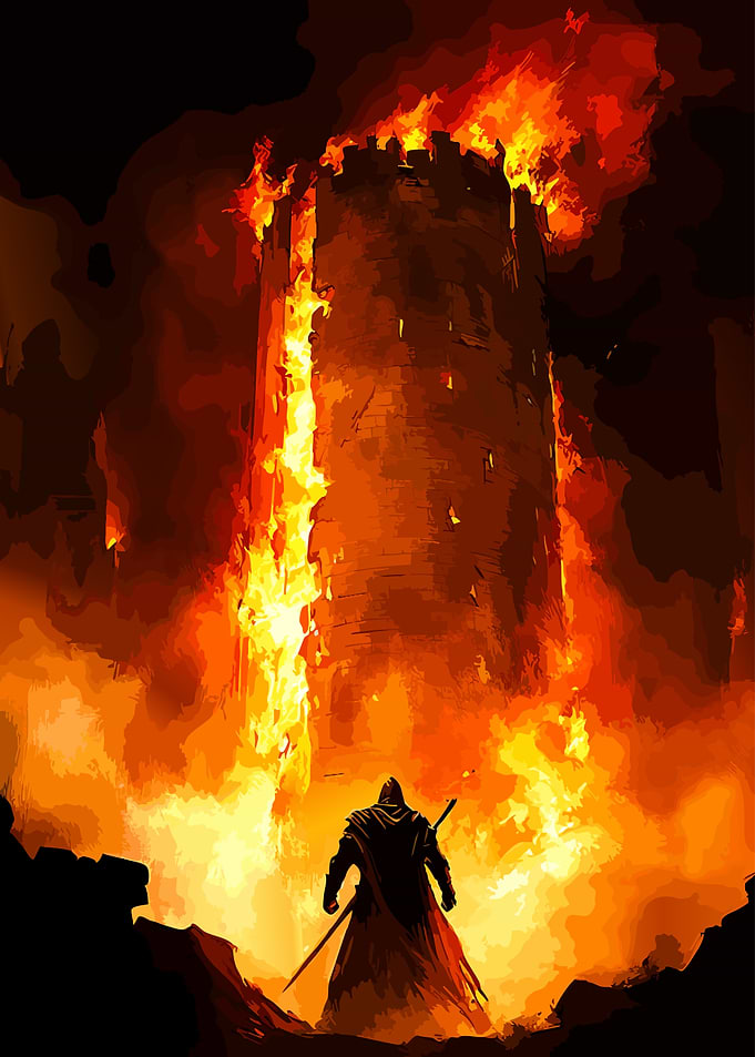 Warrior Facing a Burning Tower
