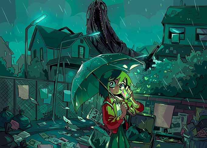 Girl with Umbrella and Shadow Monster