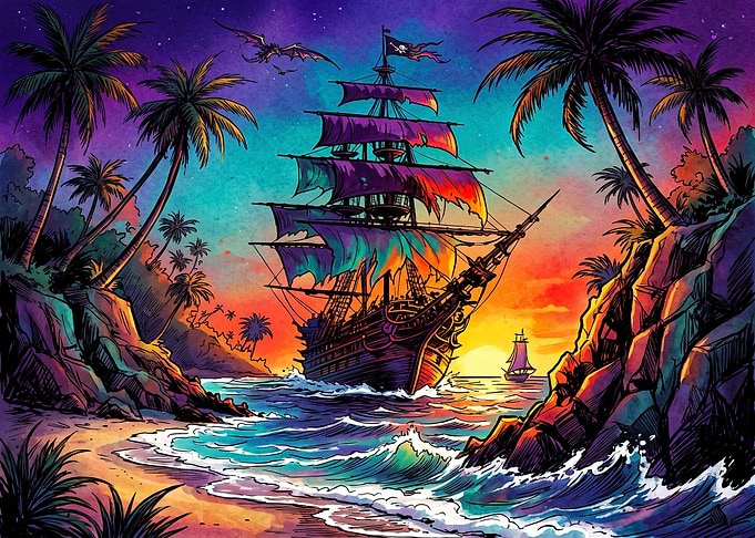 Vibrant Pirate Ship at Tropical Sunset