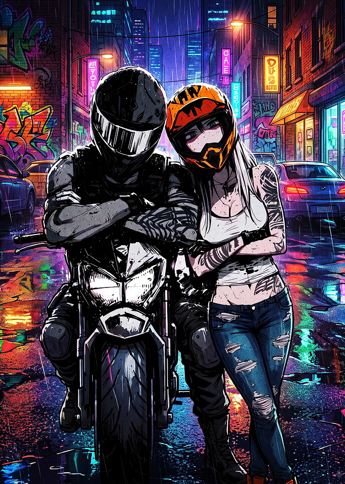 Biker Couple in Neon City