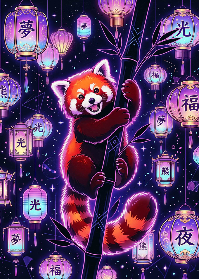 Red Panda with Glowing Lanterns
