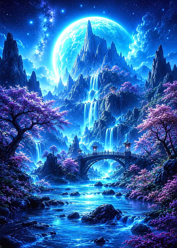 Ethereal Moonlit Mountain Waterfall Landscape