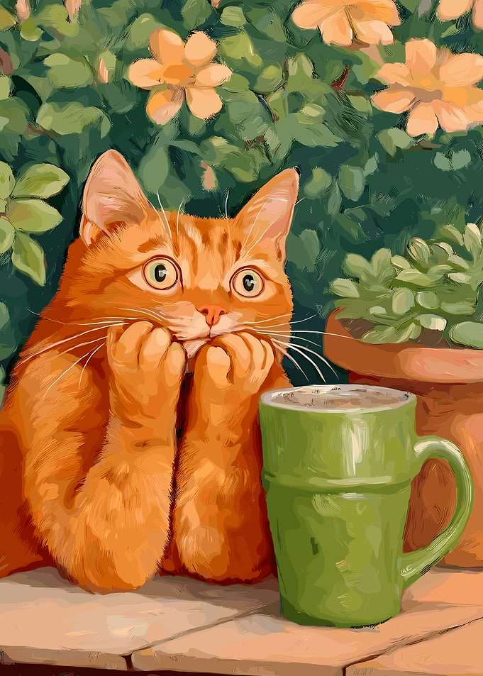 Anxious Orange Cat with Coffee Mug