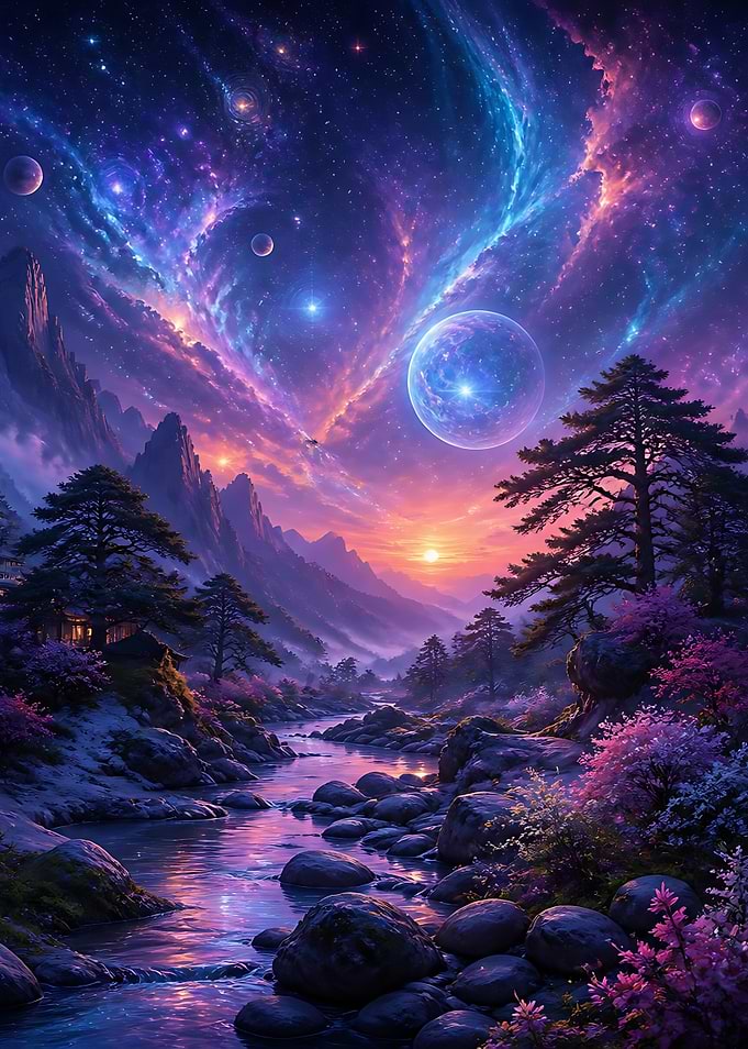 Ethereal Mountain Landscape Under Cosmic Sky