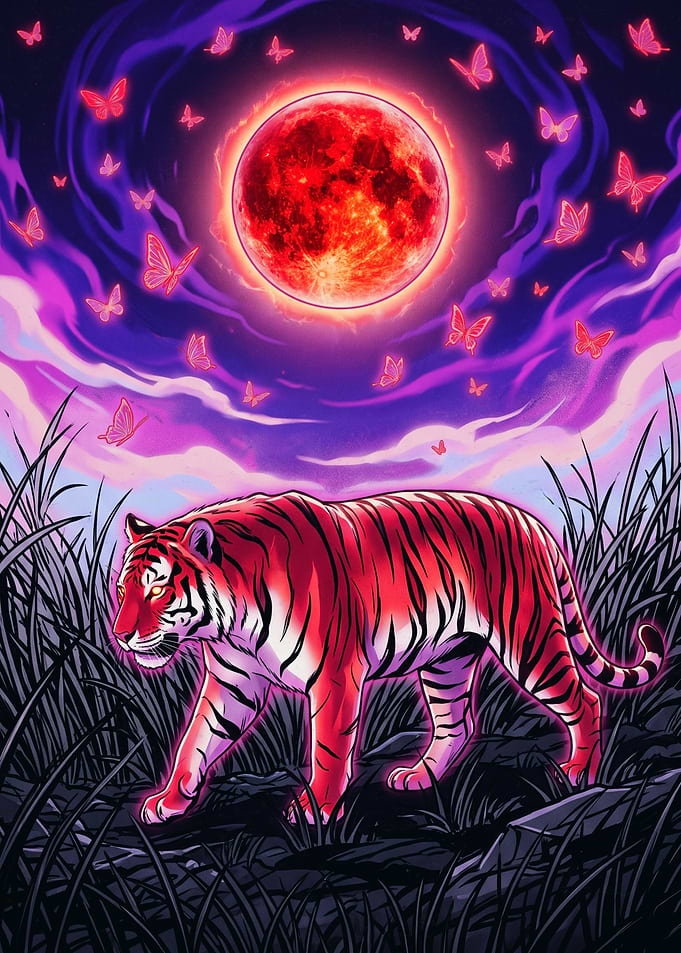 Tiger Under a Glowing Red Moon