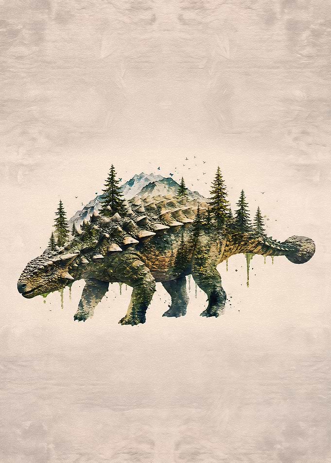 Ankylosaurus Mountain Forest Double Exposure Art