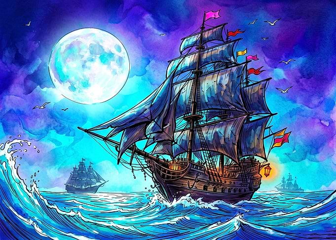 Sailing Ship Under Full Moon