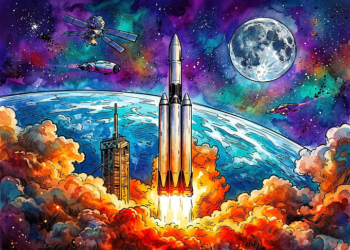 Vibrant Watercolor Space Rocket Launch