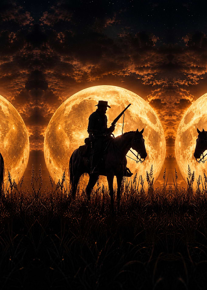 Cowboy Silhouette Under Giant Moon