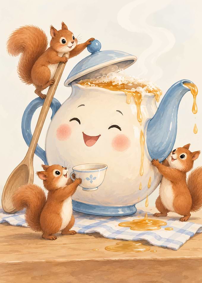 Squirrels Having Tea with Teapot