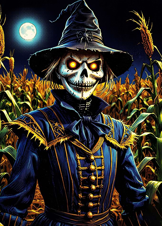 Spooky Scarecrow Witch in Cornfield